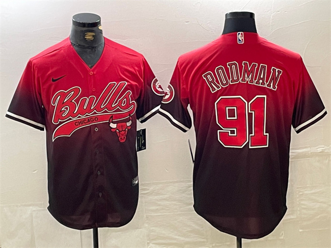 Men's Chicago Bulls #91 Dennis Rodman Red/Black Cool Base Stitched Baseball Jersey